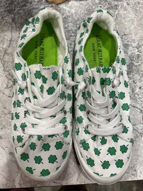 Isaac Mizrahi White Sneakers with Green Shamrock Print